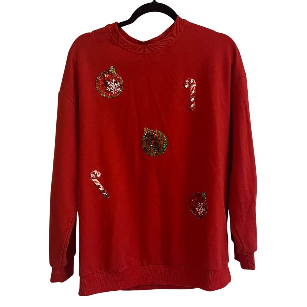 Christmas Holiday‎ Themed Women's Red Embellished Sweatshirt Size M Candy Canes